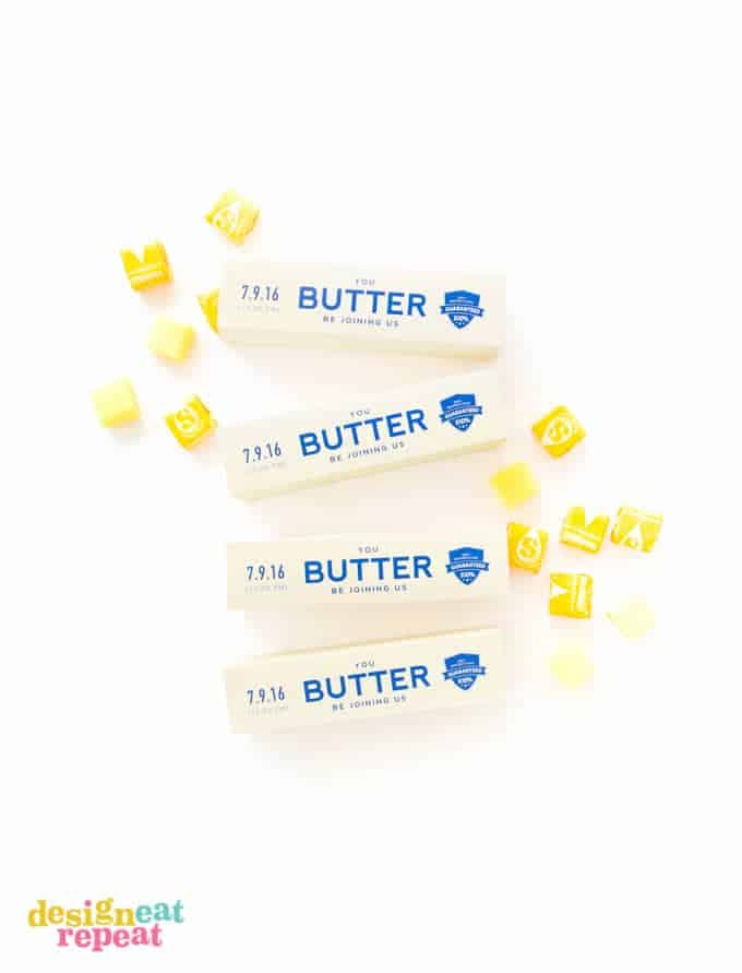 Invite your friends to the ultimate baking party with these printable stick of butter baking party invitations that dual as giftable candy boxes!