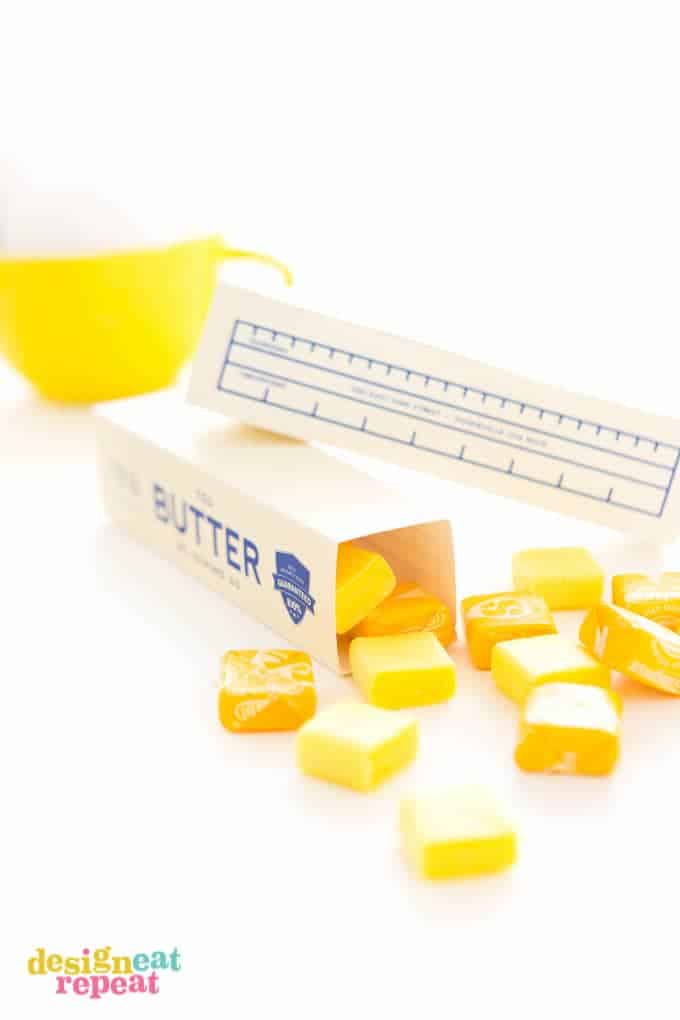 Invite your friends to the ultimate baking party with these printable stick of butter baking party invitations that dual as giftable candy boxes!