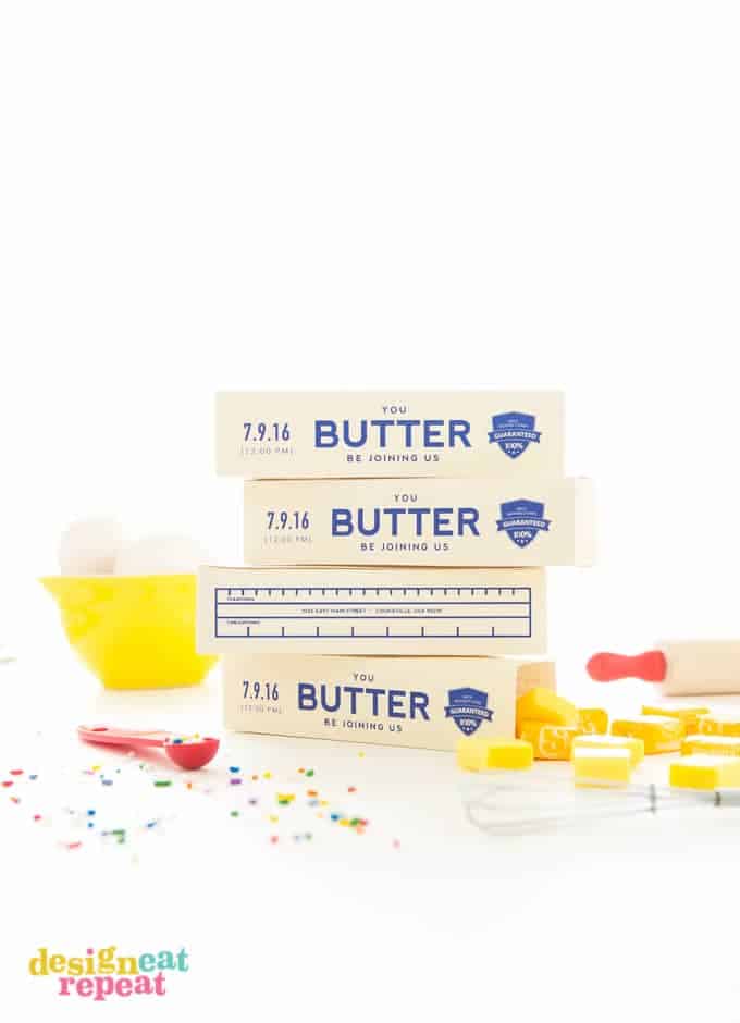Invite your friends to the ultimate baking party with these printable stick of butter baking party invitations that dual as giftable candy boxes!