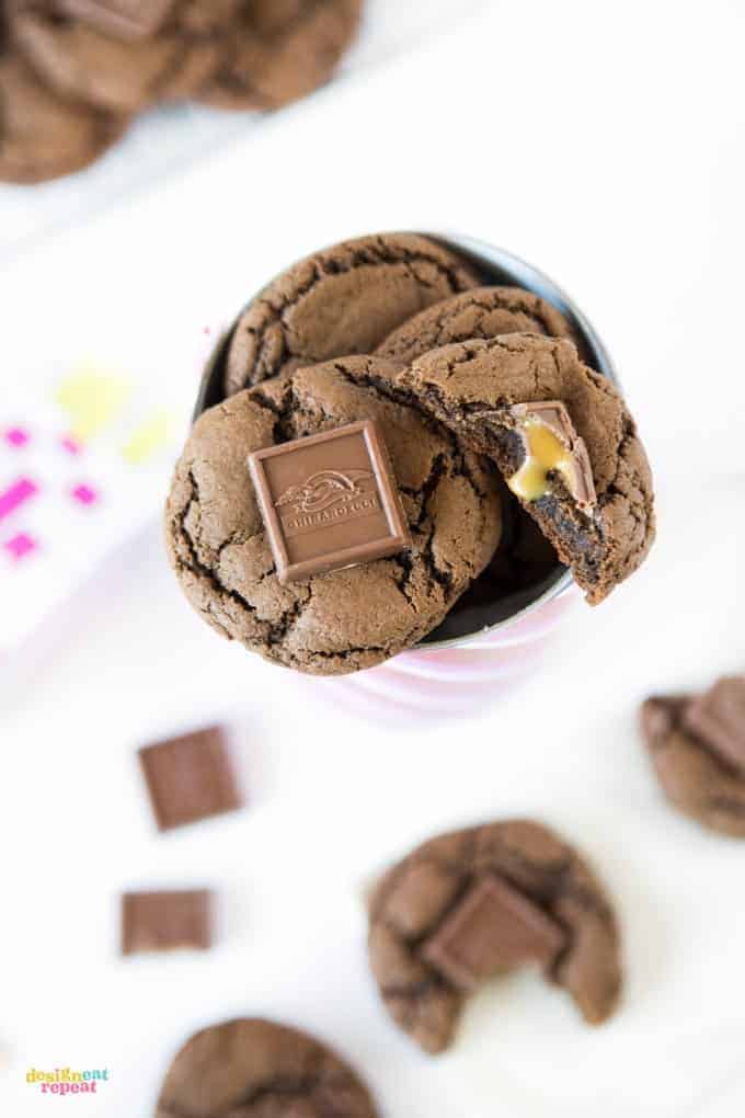 Chewy Double Chocolate Caramel Cookies with Mini Caramel Ghiradelli chocolate square on top