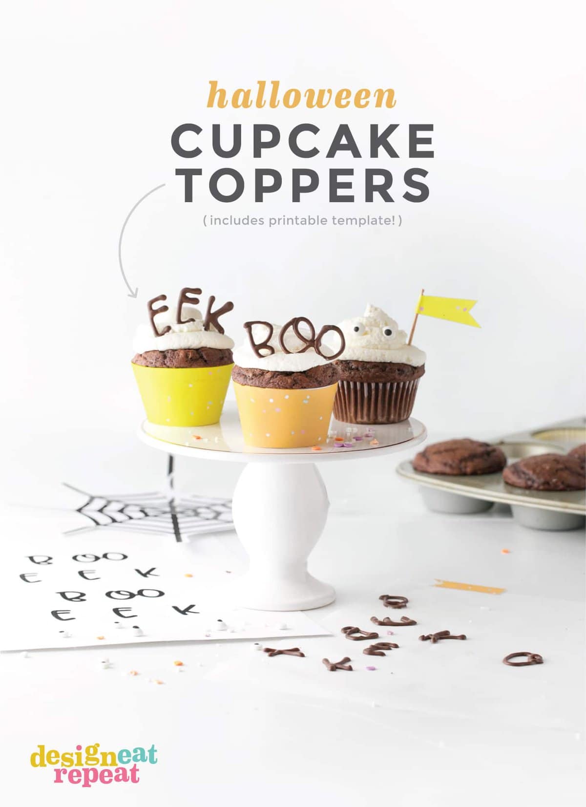 Use melted chocolate to create these modern & fun Edible Halloween Cupcake Toppers! Perfect for decorating last-minute cupcakes for Halloween parties, class treats, or more! #Halloween #Cupcakes | www.DesignEatRepeat.com