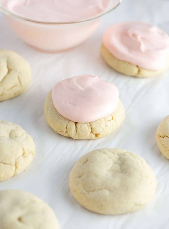 Sugar cookies topped with cream cheese frosting for cookies