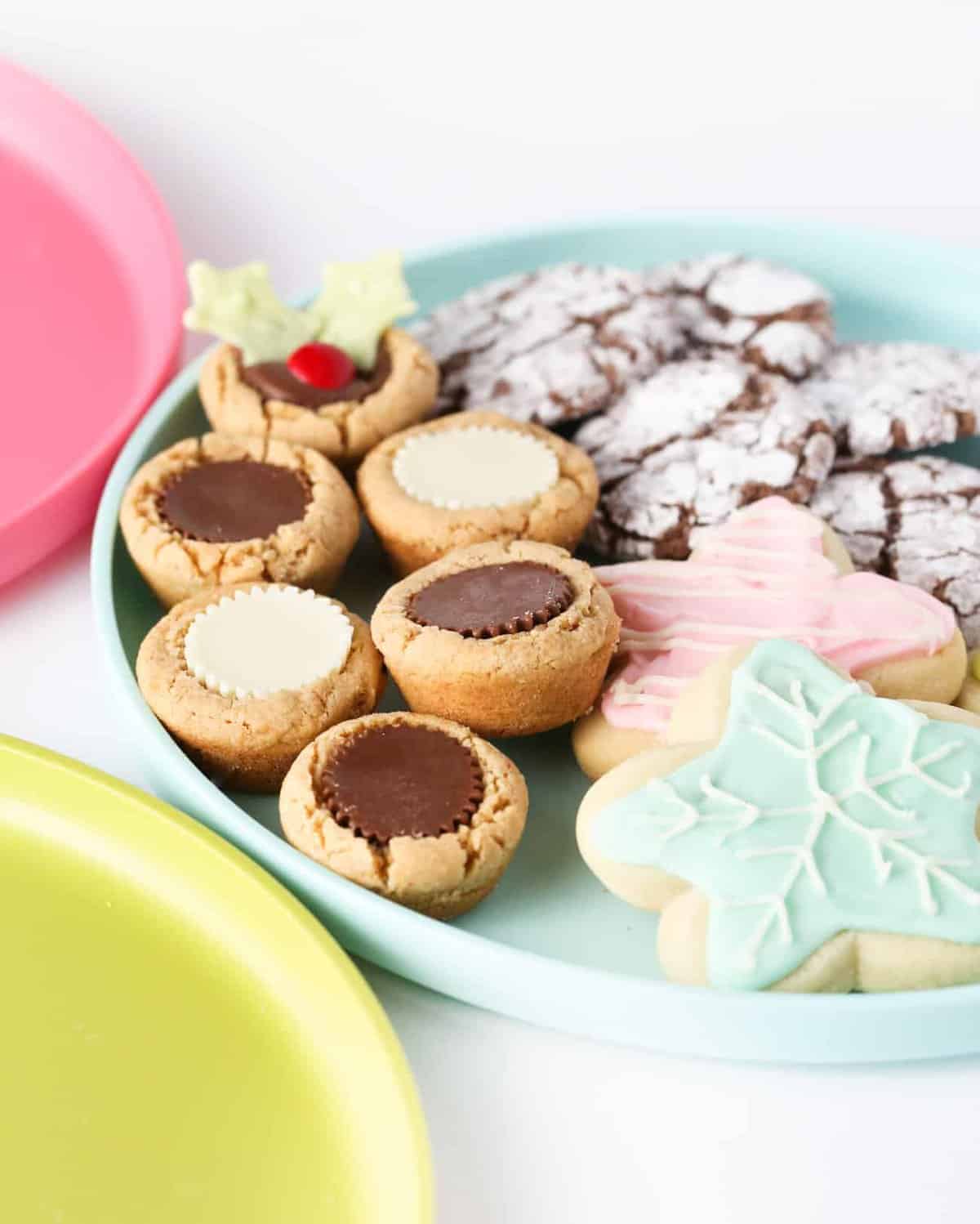 DIY Cookie tray with peanut butter cup cookies, sugar cookies, and brownie cookies.