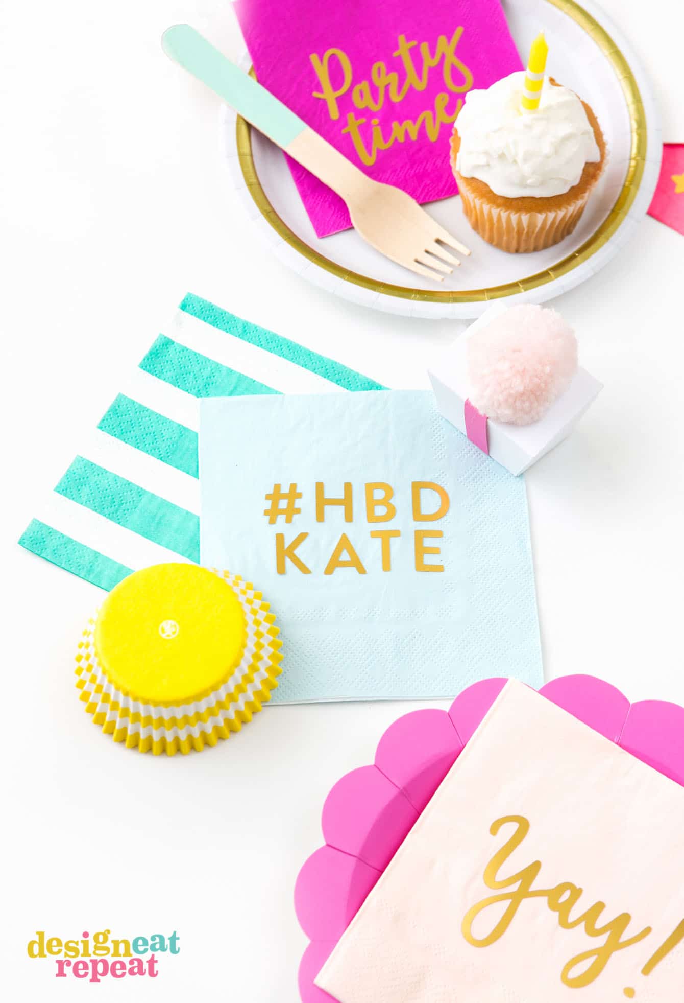 Blue gold foil DIY napkin that says "HBD Kate"