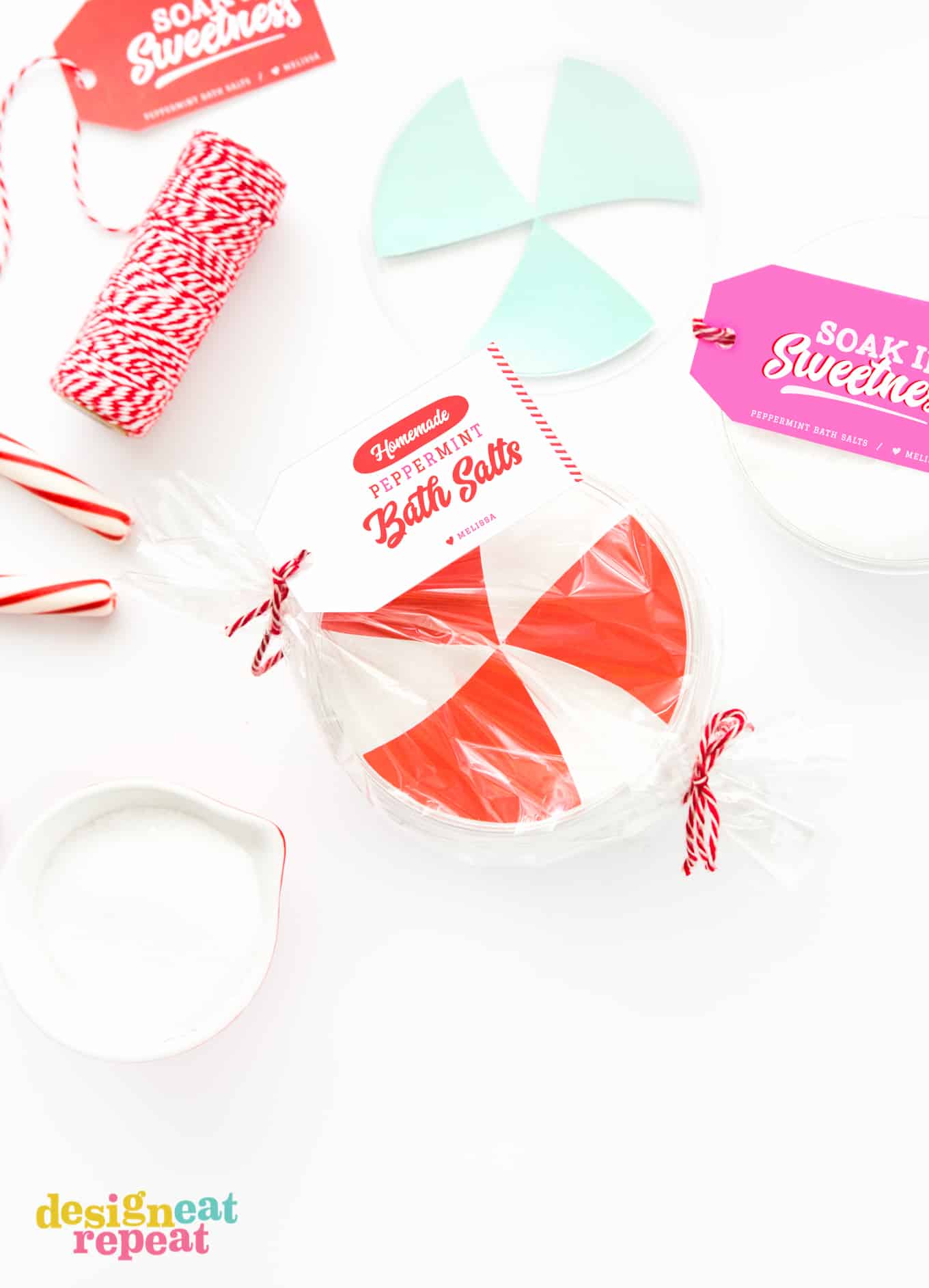 Container of peppermint DIY bath salt with printable gift tag.
