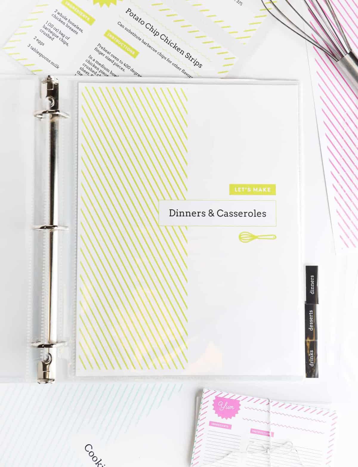 Organize your favorite recipes into a DIY recipe book with these fun and free printable recipe binder kit templates! Perfect for gifting to friends or family or just as a way to organize your favorite family recipes.  