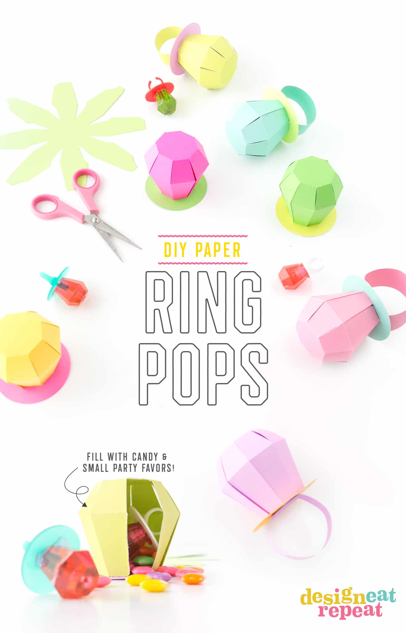 Learn how to make these paper RING POP treat boxes! Fill with candy for the perfect party favor!