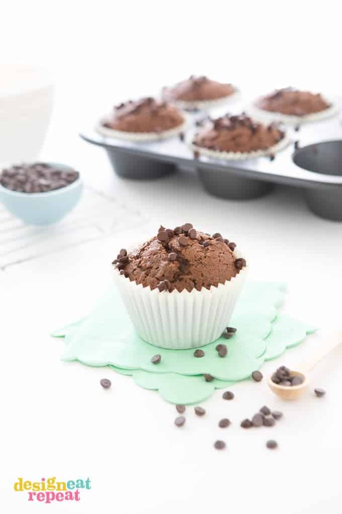 Sneak in your veggies with these subtly sweet Jumbo Double Chocolate Zucchini Muffins! Mix in one bowl and have a warm chocolately treat in less than an hour! 