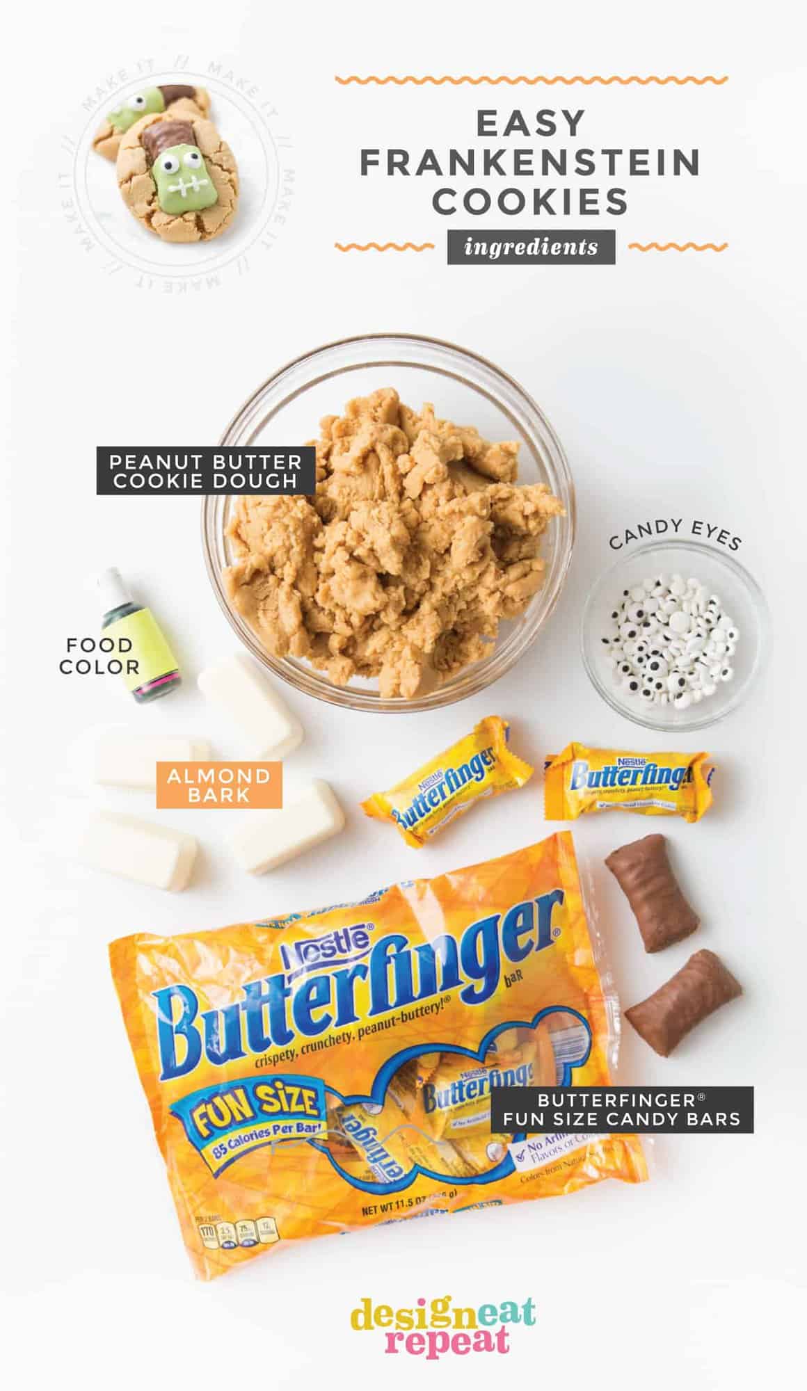 Ingredients for Peanut Butter Frankenstein Cookies. Bag of Butterfinger candy bars, almond bark, green food coloring, peanut butter cookie dough, and candy eyeballs.