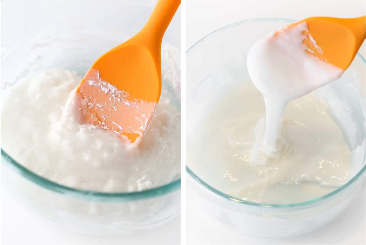 Process photos of achieving the perfect consistency for cookie icing. Shows orange spatula mixing the bowl of icing until smooth.