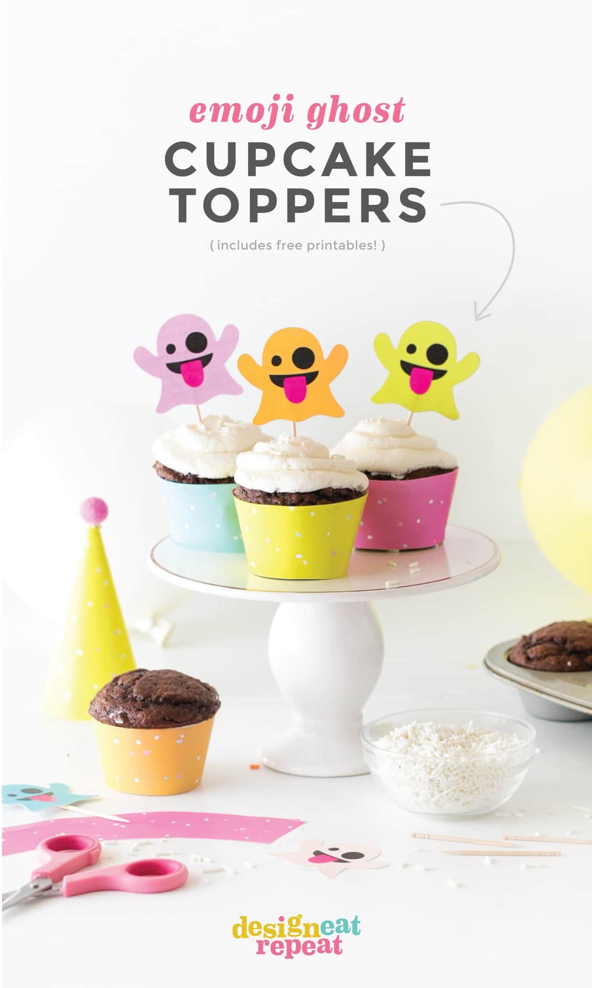 Emoji Ghost Halloween Cupcake Toppers! Free to download and print at www.DesignEatRepeat.com #Halloween #Printable #Cupcake #Emoji