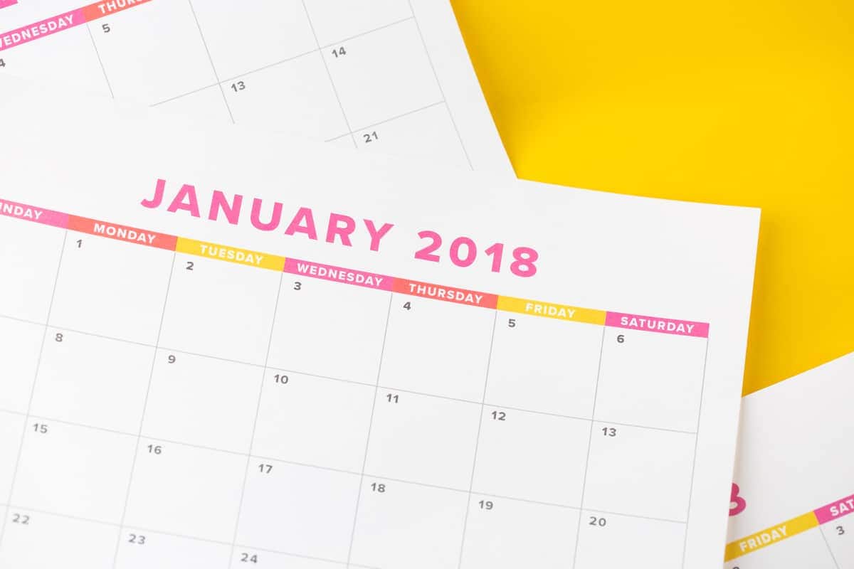 Pink and Yellow Colorful Free printable 2018 monthly calendar January paper on yellow background