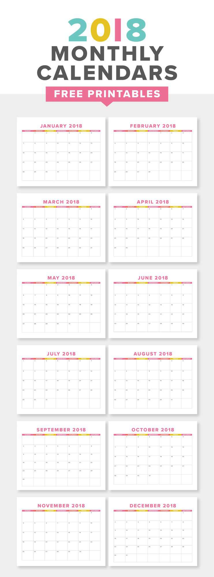 Download this free printable 2018 monthly calendar to keep track of the new year! The downloadable PDF is US Letter Sized and quick to print at home.