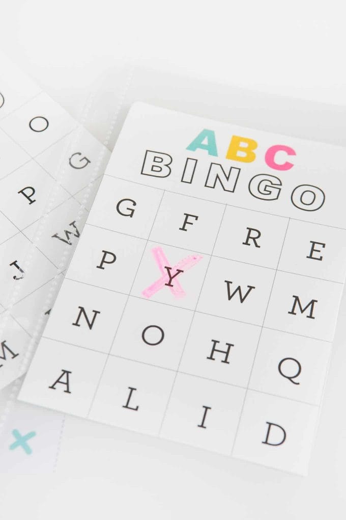 Alphabet bingo card with Y crossed off with dry erase marker