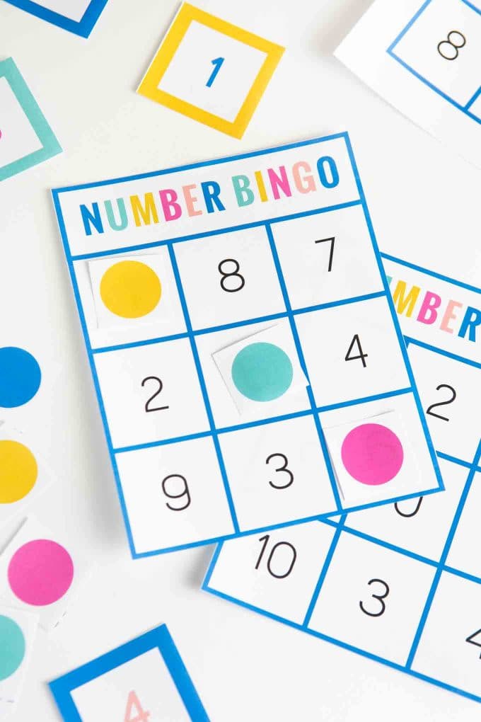 Colorful number bingo square with three marker squares to indicate winner