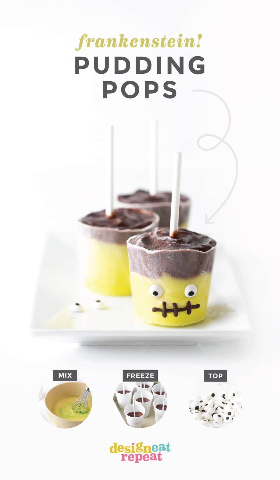 Turn traditional pudding pops into adorable Frankenstein treats with this easy tutorial! Perfect for Halloween party treats or just as a fun activity to make with the kids. #Halloween #HalloweenTreats | www.DesignEatRepeat.com