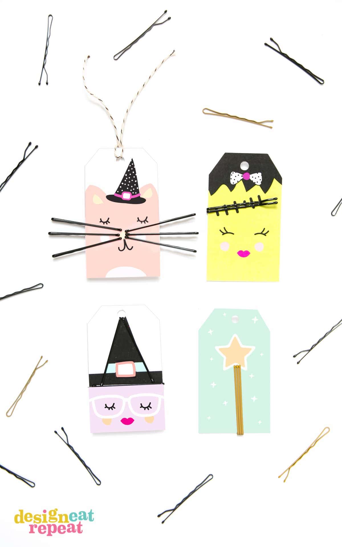 Attach bobby pins to these adorable Halloween tags and help solve the mystery of where the millions of bobby pins across the world disappear to! Download the FREE printable at Design Eat Repeat.