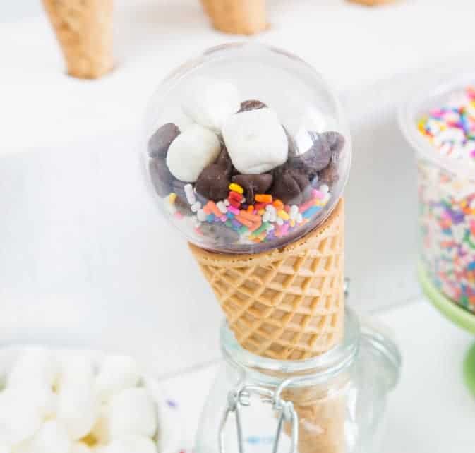 Fill plastic balls with your favorite toppings for a fun way to allow guest's to personalize their bowl of ice cream! Perfect ice cream party favors!