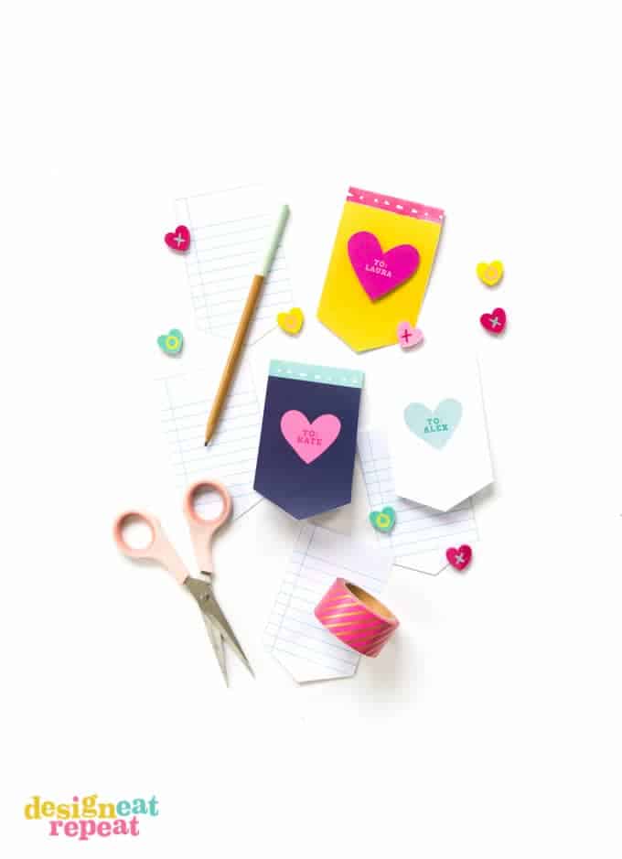 Ditch the candy this Valentine's Day and pass out these adorable mini notepads instead! Easy for kids to help print off and assemble!