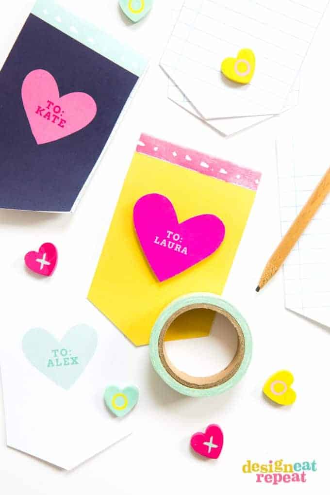 Ditch the candy this Valentine's Day and pass out these adorable mini notepads instead! Easy for kids to help print off and assemble!