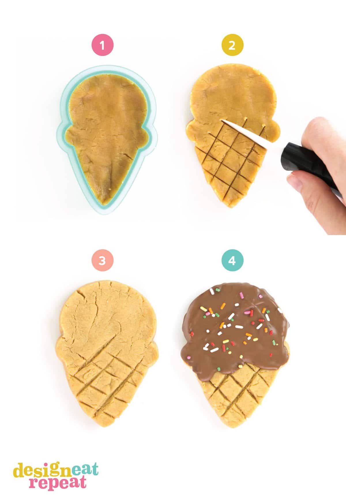 Instructions to make ice cream cone cutters. Hand cutting slits in dough with knife.