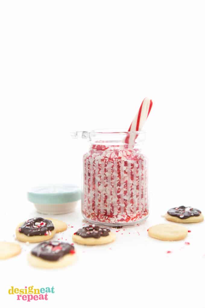 Jar of crushed peppermint candy to place on top of chocolate peppermint cookies