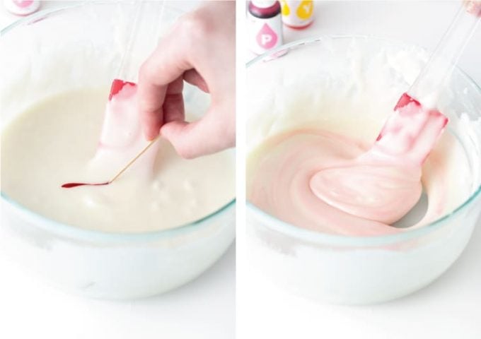Adding red food coloring to bowl with toothpick. Stirring pink icing to make powdered sugar icing for cookies