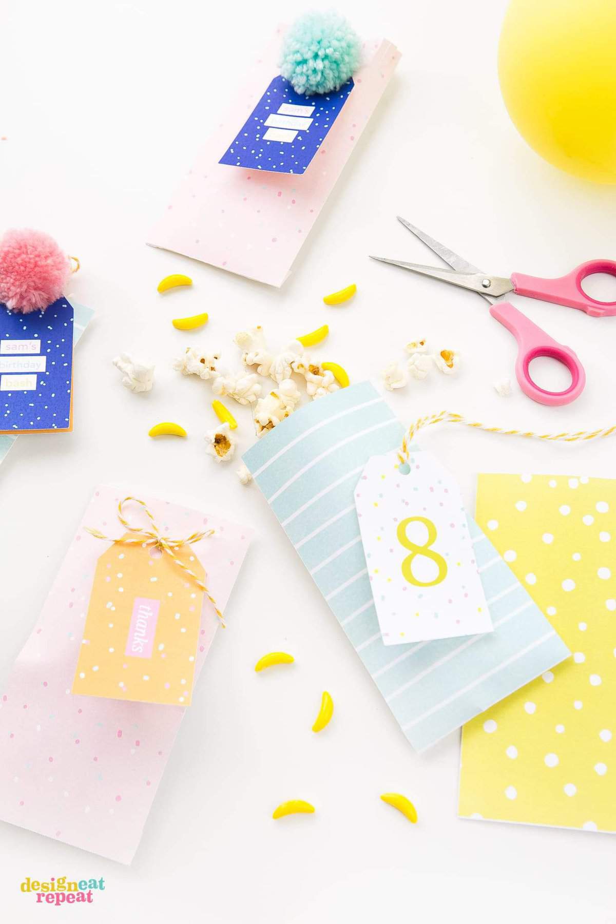 Download these fun & colorful printable birthday gift tags and attach them to treat bags for an easy party favor idea!