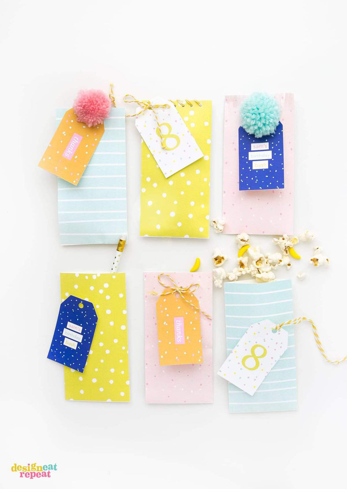 Download these fun & colorful printable birthday gift tags and attach them to treat bags for an easy party favor idea!