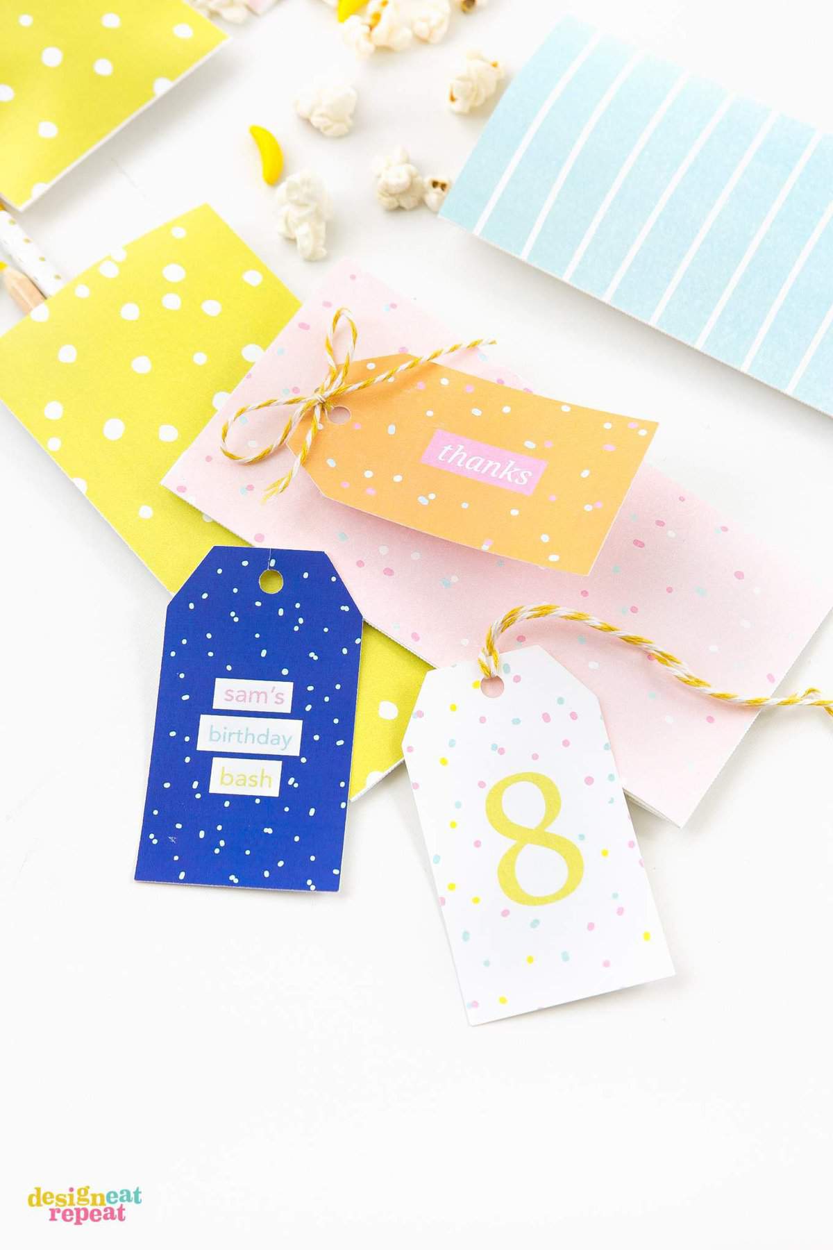 Download these fun & colorful printable birthday gift tags and attach them to treat bags for an easy party favor idea!