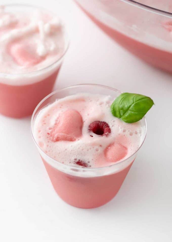 Cup of Raspberry Sherbet Punch with fresh raspberries and basil leaf