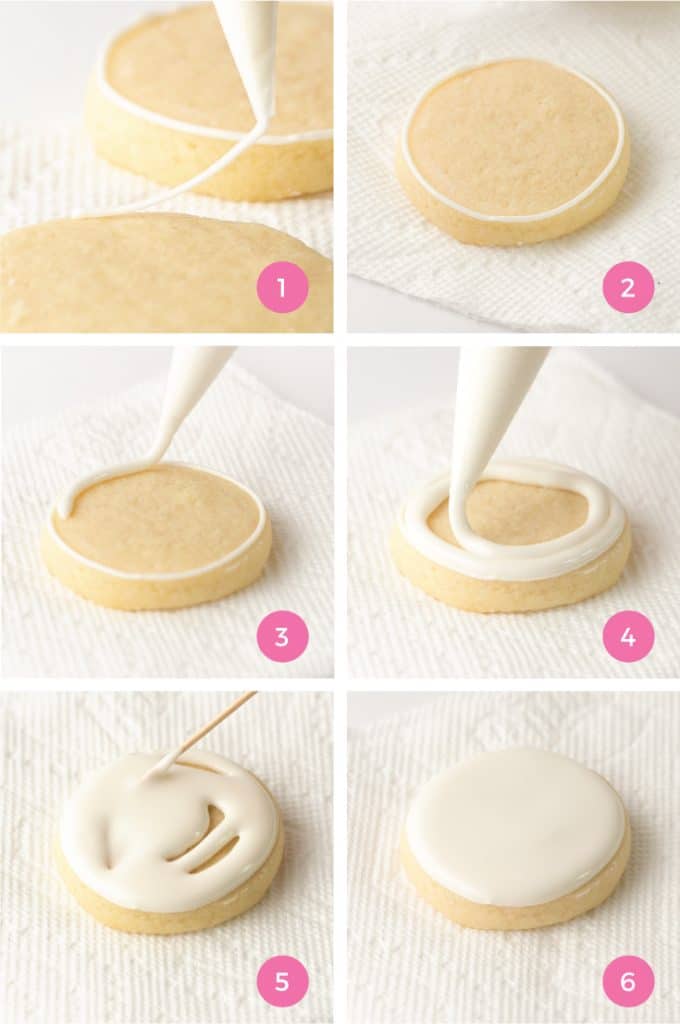step by step collage showing how to use royal icing