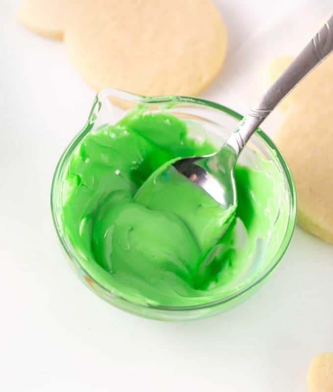 Bowl of green Royal Icing for Sugar Cookies 