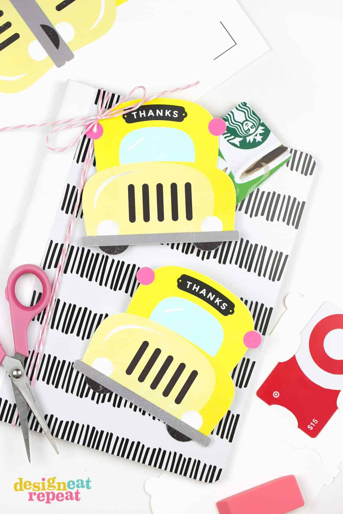 Yellow school bus printable teacher gift card holder with starbucks gift card.