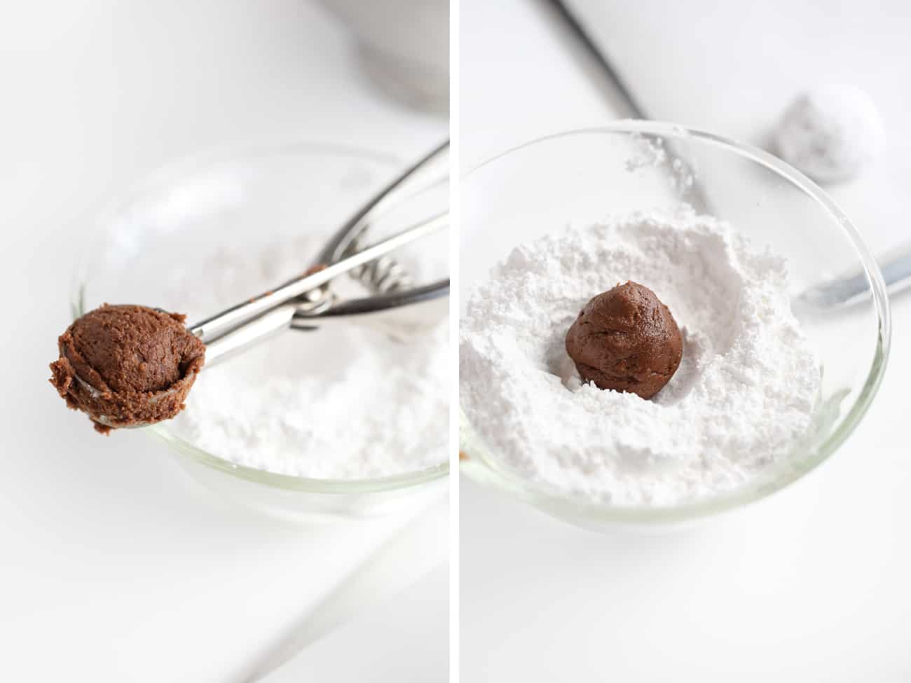 Cookie scoop with chocolate cookie dough. Ball of chocolate cookie dough rolling in powdered sugar for chocolate brownie cookies.