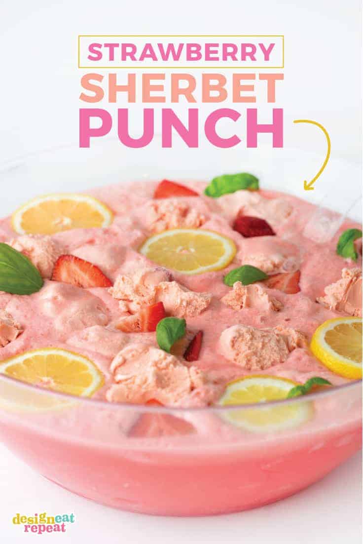 Perfect for baby showers or just as a refreshing summer drink, this pink strawberry sherbet punch can be whipped up in less than 10 minutes using a few simple ingredients!
