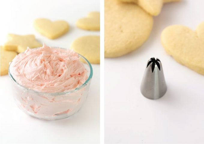 bowl of pink sugar cookie buttercream with metal star piping tip