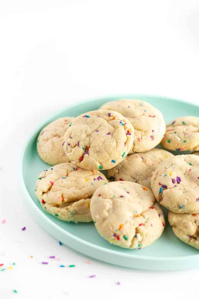 Blue plate of Soft-Baked Sugar Cookies with Sprinkles