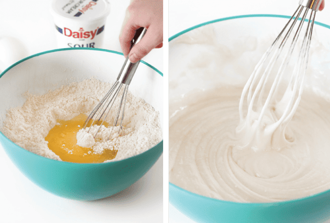 Whisking cake batter in large mixing bowl