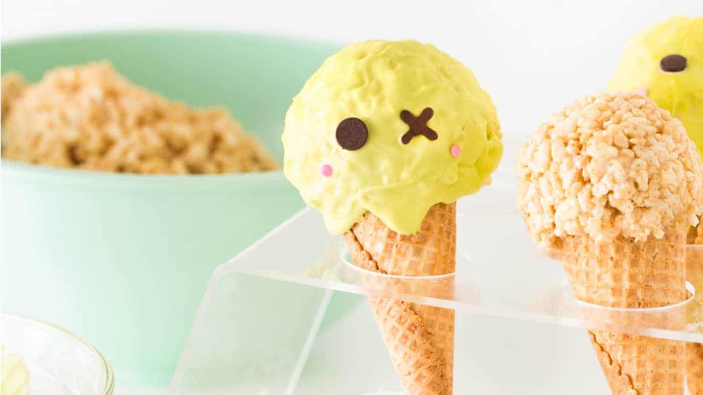 Cute Zombie Halloween Rice Krispie Treats in plastic ice cream cone holder.