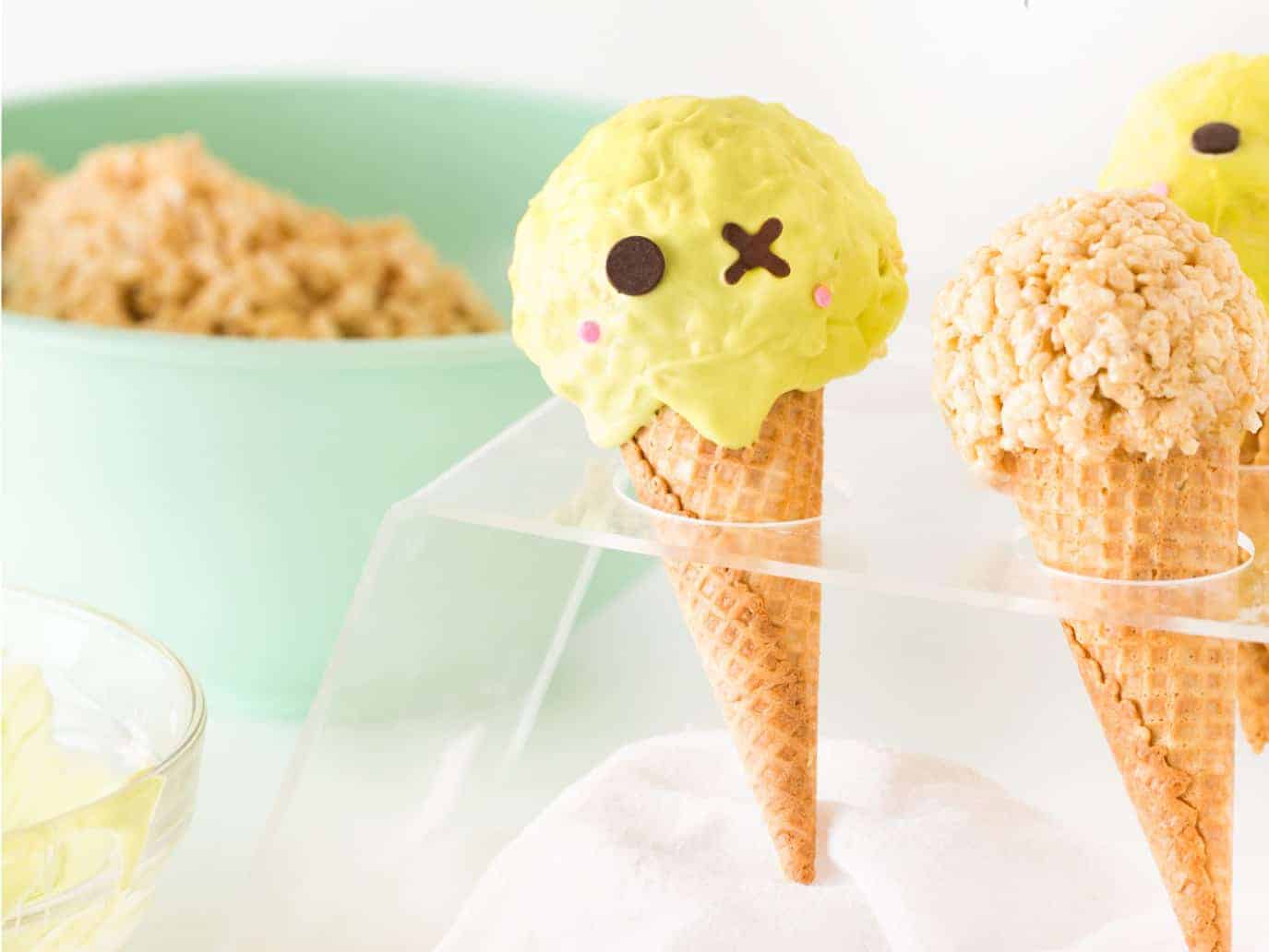 Cute Zombie Halloween Rice Krispie Treats in plastic ice cream cone holder.